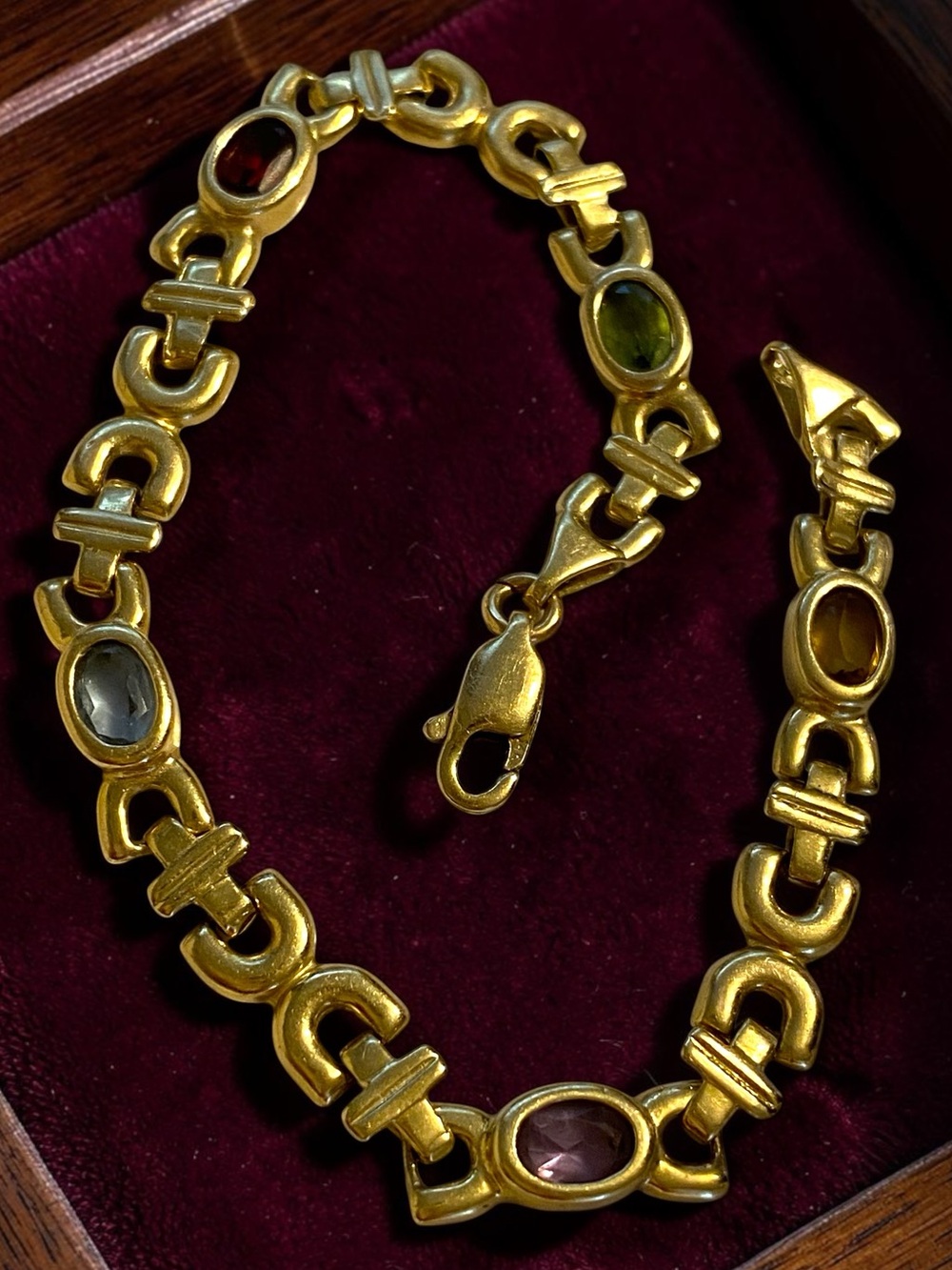 Estate 14K Yellow Gold 5mm Multi-Color Gemstone Unique Link 7” Bracelet BEAUTY!